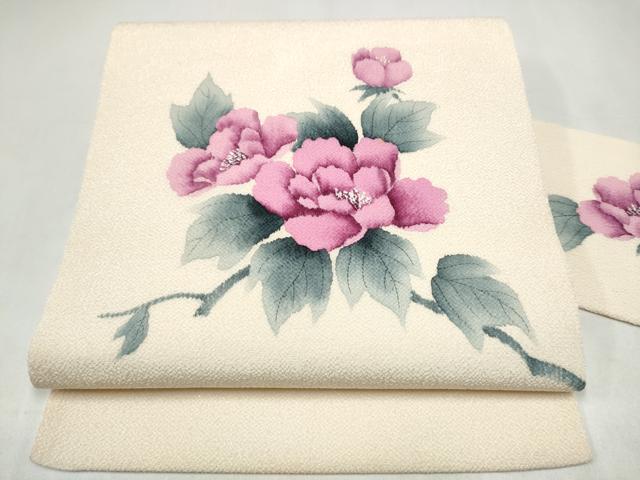 平和屋着物●九寸名古屋帯 手描き 枝牡丹 鬼しぼ縮緬 正絹 逸品 CABL0975hy