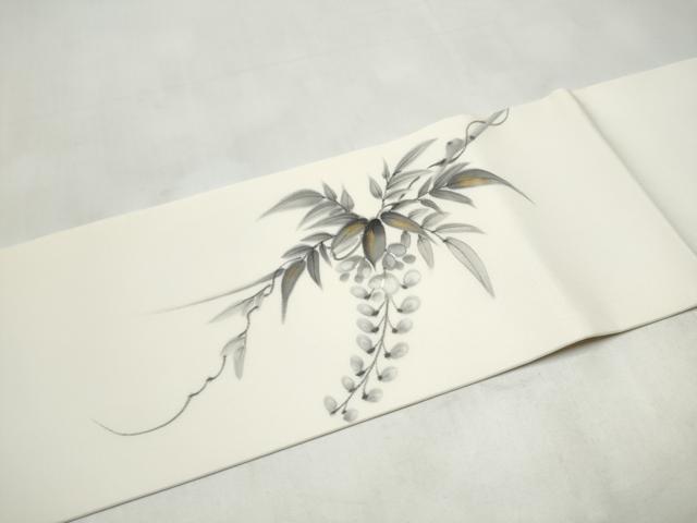 平和屋着物●塩瀬 九寸名古屋帯 手描き 藤花房 金彩 正絹 逸品 CABL0976hy