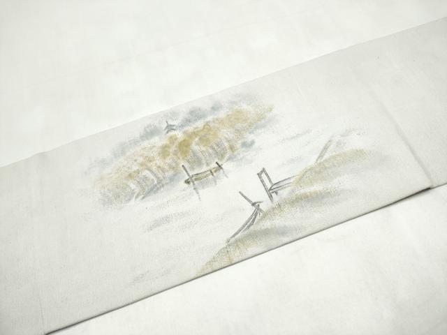 平和屋着物●九寸名古屋帯 作家物 浜紬 手描き 風景文 正絹 逸品 CABL0992hy