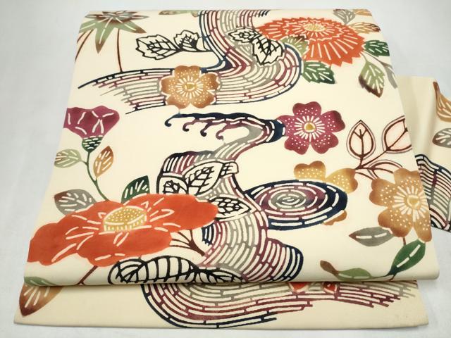 平和屋着物●塩瀬 九寸名古屋帯 紅型 流水舞花文 正絹 逸品 CABL1002hy