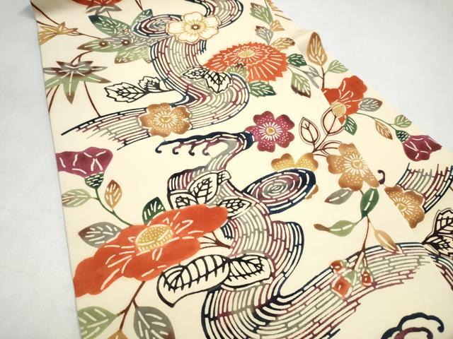 平和屋着物●塩瀬 九寸名古屋帯 紅型 流水舞花文 正絹 逸品 CABL1002hy