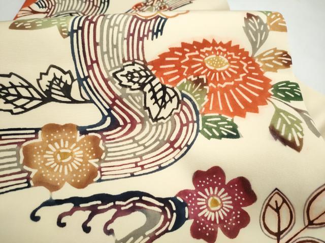 平和屋着物●塩瀬 九寸名古屋帯 紅型 流水舞花文 正絹 逸品 CABL1002hy