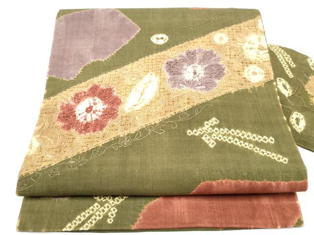平和屋着物●中国三大刺繍 スワトウ刺繍 九寸名古屋帯 紬地 絞り 花唐草文 正絹 逸品 CABL1013hy