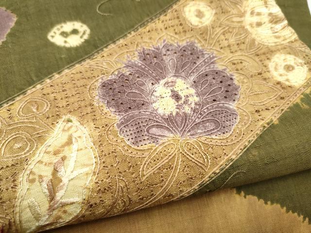 平和屋着物●中国三大刺繍 スワトウ刺繍 九寸名古屋帯 紬地 絞り 花唐草文 正絹 逸品 CABL1013hy