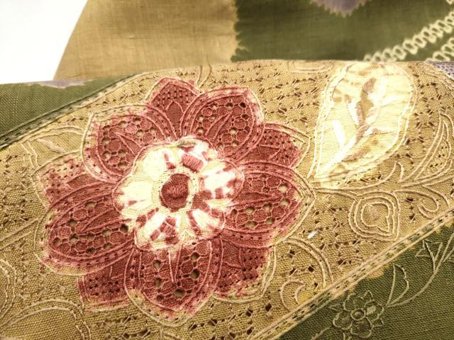 平和屋着物●中国三大刺繍 スワトウ刺繍 九寸名古屋帯 紬地 絞り 花唐草文 正絹 逸品 CABL1013hy