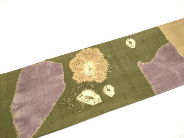 平和屋着物●中国三大刺繍 スワトウ刺繍 九寸名古屋帯 紬地 絞り 花唐草文 正絹 逸品 CABL1013hy