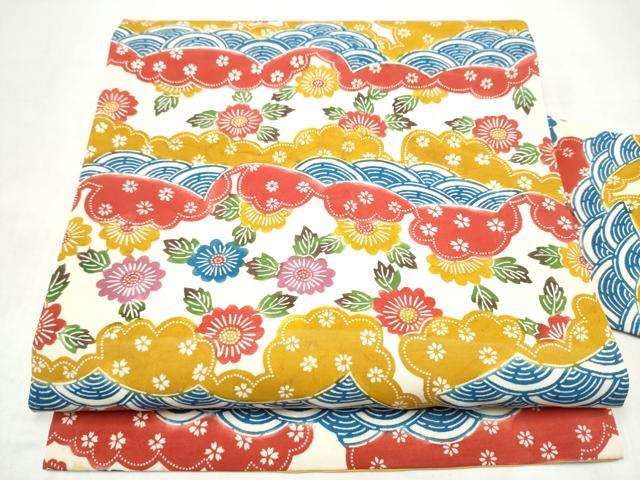平和屋着物●塩瀬 九寸名古屋帯 型染め 流水草花文 正絹 逸品 CABL1018hy