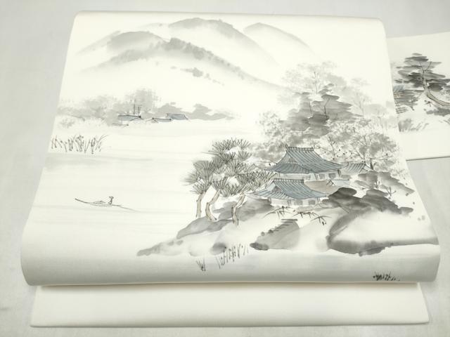 平和屋着物●塩瀬 九寸名古屋帯 作家物 手描き 風景文 正絹 逸品 CABL1029hy
