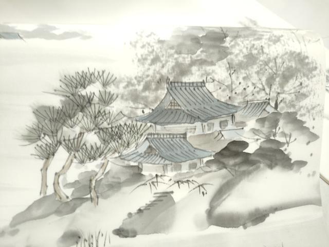 平和屋着物●塩瀬 九寸名古屋帯 作家物 手描き 風景文 正絹 逸品 CABL1029hy