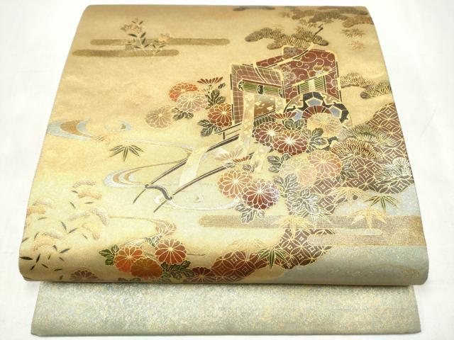 平和屋着物●漆工芸作家 金森一博 太鼓柄袋帯 螺鈿 御所車花文 金彩 正絹 逸品 CABL1045hy