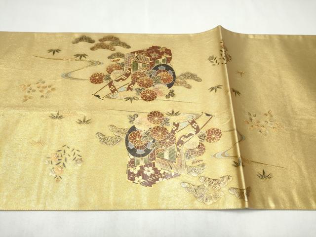 平和屋着物●漆工芸作家 金森一博 太鼓柄袋帯 螺鈿 御所車花文 金彩 正絹 逸品 CABL1045hy