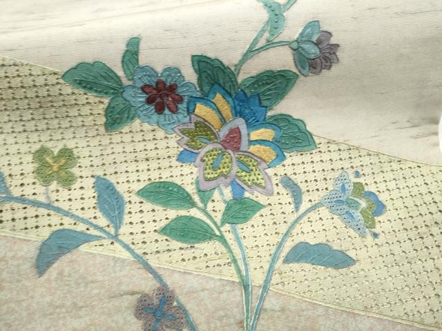 平和屋着物●中国三大刺繍 スワトウ相良刺繍 総刺繍 太鼓柄袋帯 紬地 更紗花文 正絹 逸品 CABL1046hy