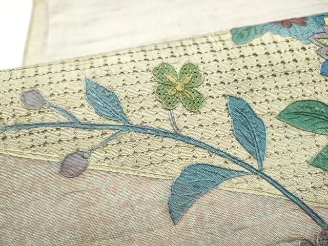 平和屋着物●中国三大刺繍 スワトウ相良刺繍 総刺繍 太鼓柄袋帯 紬地 更紗花文 正絹 逸品 CABL1046hy