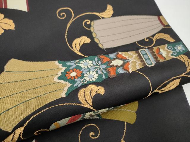 平和屋着物●西陣 鷹匠謹製 六通柄袋帯 吉祥花文 黒地 金糸 正絹 逸品 CABL1177hy