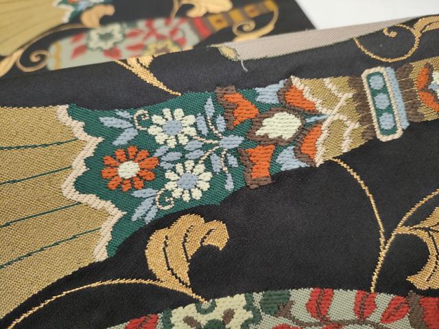 平和屋着物●西陣 鷹匠謹製 六通柄袋帯 吉祥花文 黒地 金糸 正絹 逸品 CABL1177hy