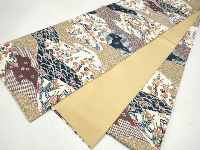 平和屋着物●全通柄袋帯 紬地 型染め 松竹梅風景文 正絹 逸品 CABL1194hy