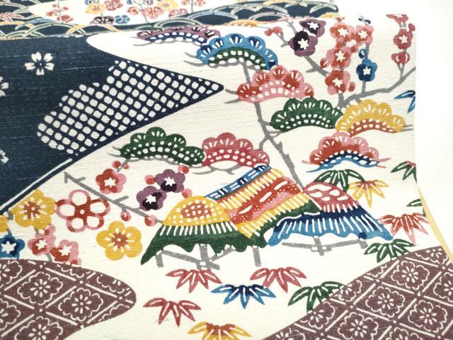 平和屋着物●全通柄袋帯 紬地 型染め 松竹梅風景文 正絹 逸品 CABL1194hy