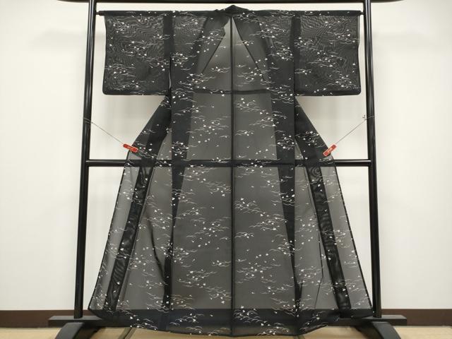 平和屋着物*夏物 小紋 絽 扇面文 黒地 洗える着物 CABL1216tx