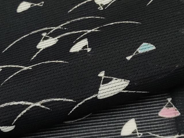 平和屋着物*夏物 小紋 絽 扇面文 黒地 洗える着物 CABL1216tx