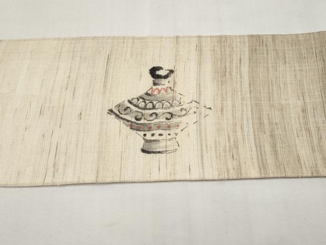 平和屋着物*夏物 九寸名古屋帯 作家物 手描き 陶器文 麻 逸品 CABL1263tx