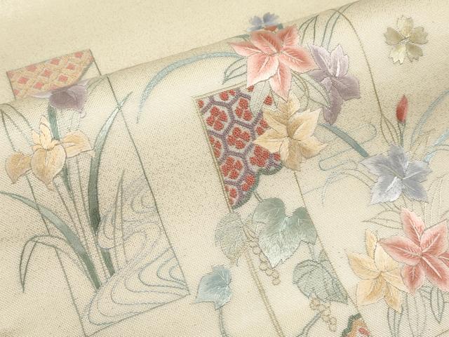 平和屋着物*夏物 中国三大刺繍 相良刺繍 総刺繍 太鼓柄袋帯 短冊花文 正絹 逸品 CABL1426tx