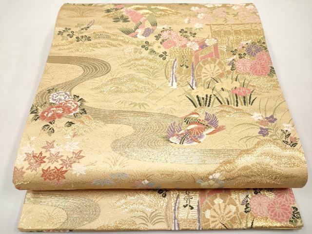 平和屋本店▼六通柄袋帯 唐織 御所車鴛鴦花文 本金箔24K 正絹 逸品 CABL1473tx