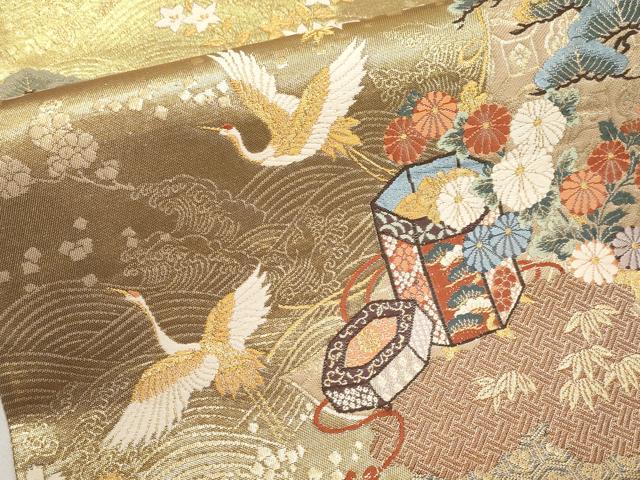 平和屋本店▼六通柄袋帯 唐織 飛鶴貝桶扇面花文 本金箔 正絹 逸品 CABL1485tx
