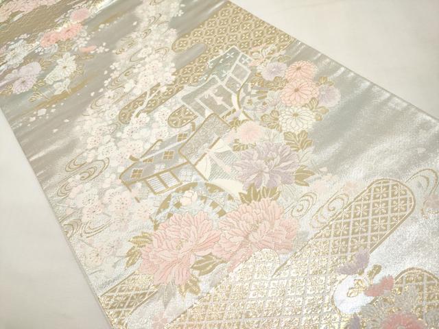 平和屋本店▼六通柄袋帯 霞御所車草花文 純金二重箔 正絹 逸品 CABL1495tx