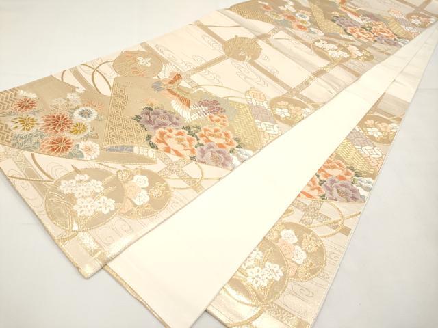 平和屋本店▼六通柄袋帯 唐織 飛鶴草花絵巻文 本金箔 正絹 逸品 CABL1515tx