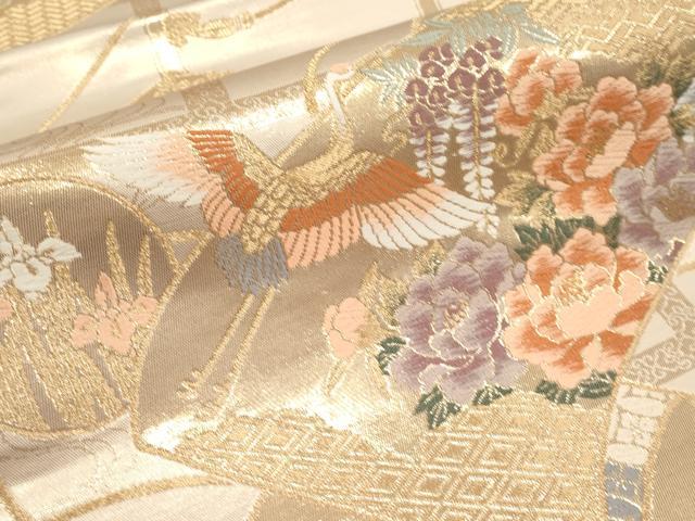 平和屋本店▼六通柄袋帯 唐織 飛鶴草花絵巻文 本金箔 正絹 逸品 CABL1515tx