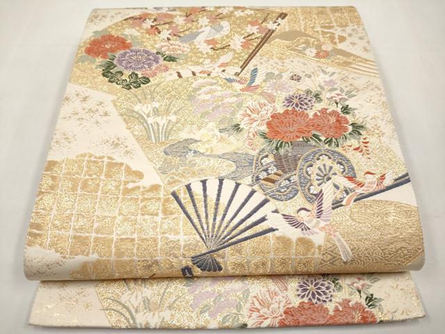 平和屋本店▼六通柄袋帯 唐織 扇面花車文 九百本金弐重織 正絹 逸品 CABL1529tx
