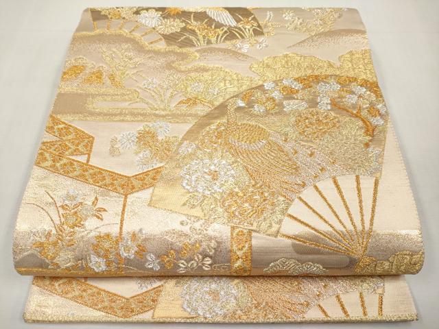 平和屋本店▼六通柄袋帯 扇面花鳥文 本金箔 正絹 逸品 CABL1535tx