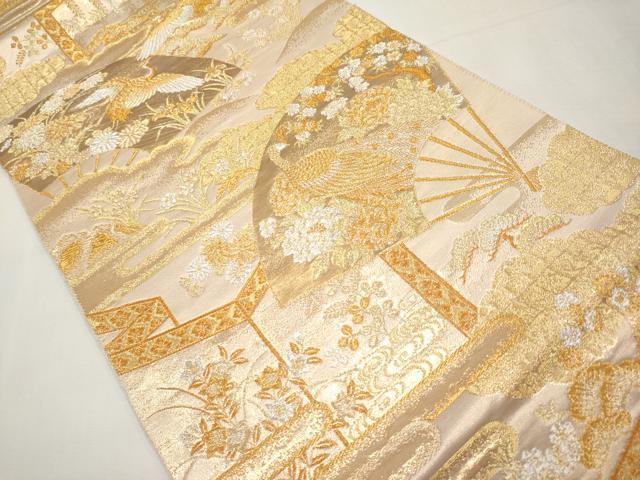 平和屋本店▼六通柄袋帯 扇面花鳥文 本金箔 正絹 逸品 CABL1535tx