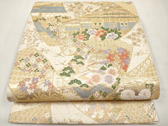 平和屋本店▼六通柄袋帯 唐織 等麻絵巻文 九百 本金箔 正絹 逸品 CABL1566tx