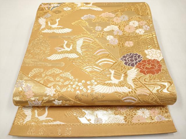 平和屋本店▼六通柄袋帯 唐織 飛鶴草花文 純金箔二重箔 正絹 逸品 未使用 CABL1570tx