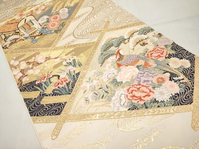 平和屋本店▼六通柄袋帯 唐織 尾長鳥流水枝花文 本金箔 正絹 逸品 CABL1571tx