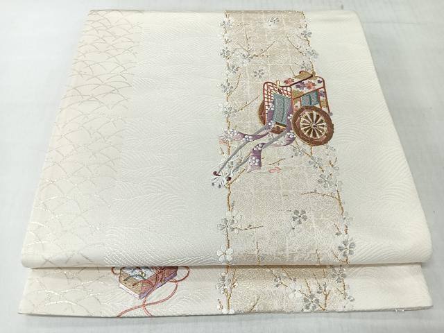 平和屋着物◎太鼓柄袋帯 唐織 刺繍 流水御所車舞花文 金銀糸 正絹 逸品 CABL1610nb