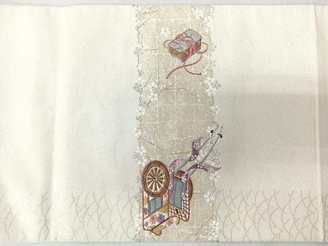 平和屋着物◎太鼓柄袋帯 唐織 刺繍 流水御所車舞花文 金銀糸 正絹 逸品 CABL1610nb