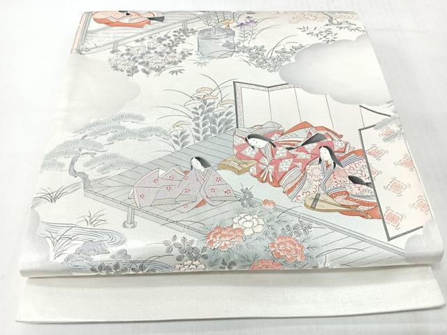 平和屋着物◎太鼓柄袋帯 人物風景文 銀糸 正絹 逸品 CABL1621nb