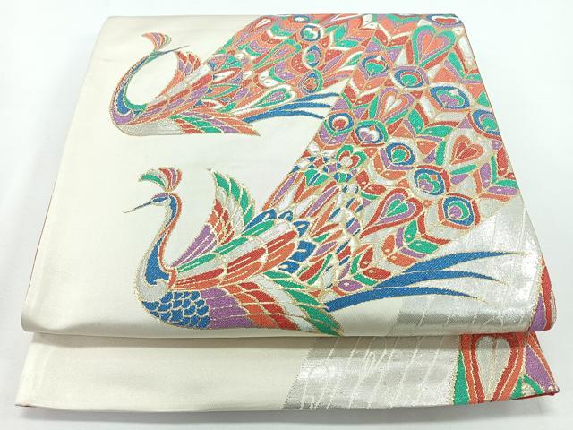 平和屋着物◎両面 六通柄袋帯 孔雀 金銀糸 正絹 逸品 CABL1672nb