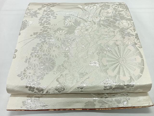 平和屋着物◎両面 全通柄袋帯 扇面御所車草花文 金糸 正絹 逸品 CABL1723nb