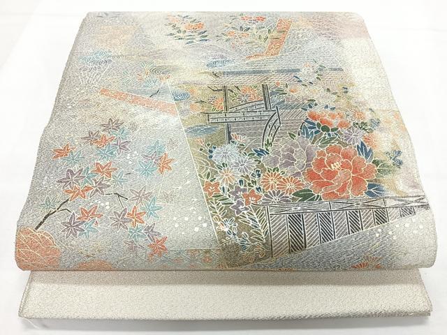平和屋着物◎爪掻き本綴れ 太鼓柄袋帯 色紙重ね草花風景文 金銀彩 正絹 逸品 CABL1728nb