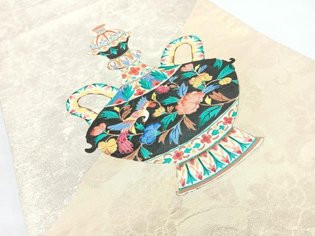 平和屋着物◎太鼓柄袋帯 手描き 陶器花文 金銀糸 正絹 逸品 CABL1739nb