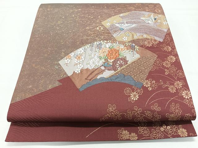 平和屋着物◎太鼓柄袋帯 地紙御所車飛鶴文 金糸 正絹 逸品 CABL1745nb