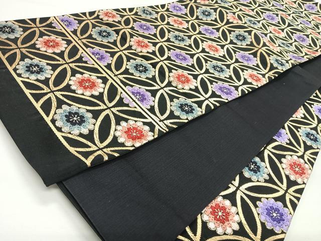 平和屋着物◎六通柄袋帯 唐織 七宝花文 黒地 金糸 正絹 逸品 CABL1750nb