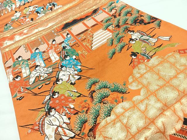 平和屋着物◎六通柄袋帯 人物風景文 金糸 正絹 逸品 CABL1751nb