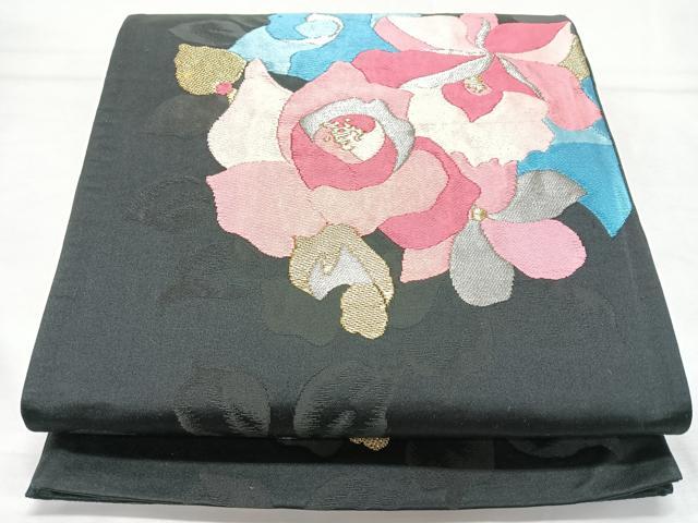平和屋着物◎六通柄袋帯 唐織 舞花文 黒地 金銀糸 正絹 逸品 CABL1754nb