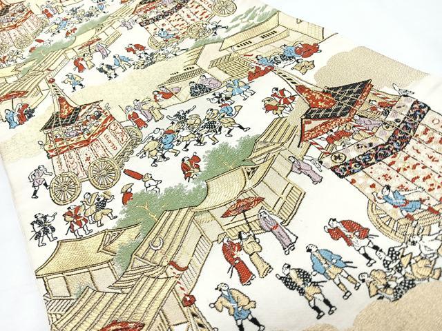 平和屋着物◎六通柄袋帯 人物風景文 金糸 正絹 逸品 CABL1755nb