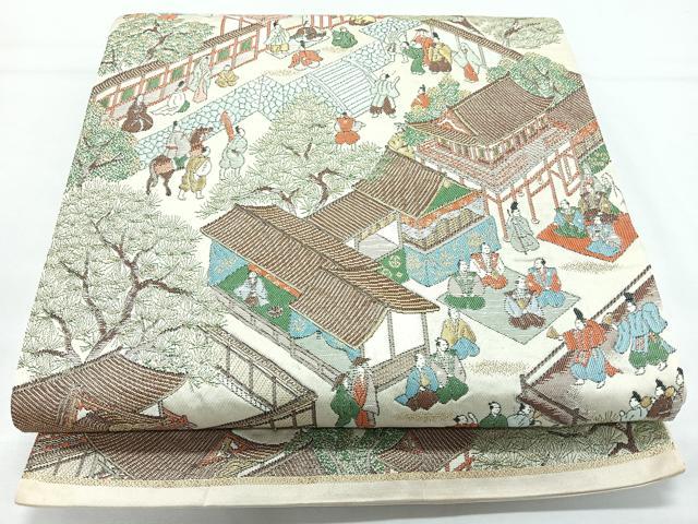 平和屋着物◎六通柄袋帯 人物風景文 金糸 正絹 逸品 CABL1763nb