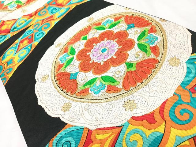 平和屋着物◎六通柄袋帯 唐織 花唐草丸文 黒地 金糸 正絹 逸品 CABL1766nb